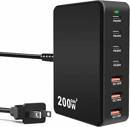 USB C Charger Block 200W 7 Port GaN Fast Charging Block Station, Multiport PD QC3.0 Brick Hub Compatible with