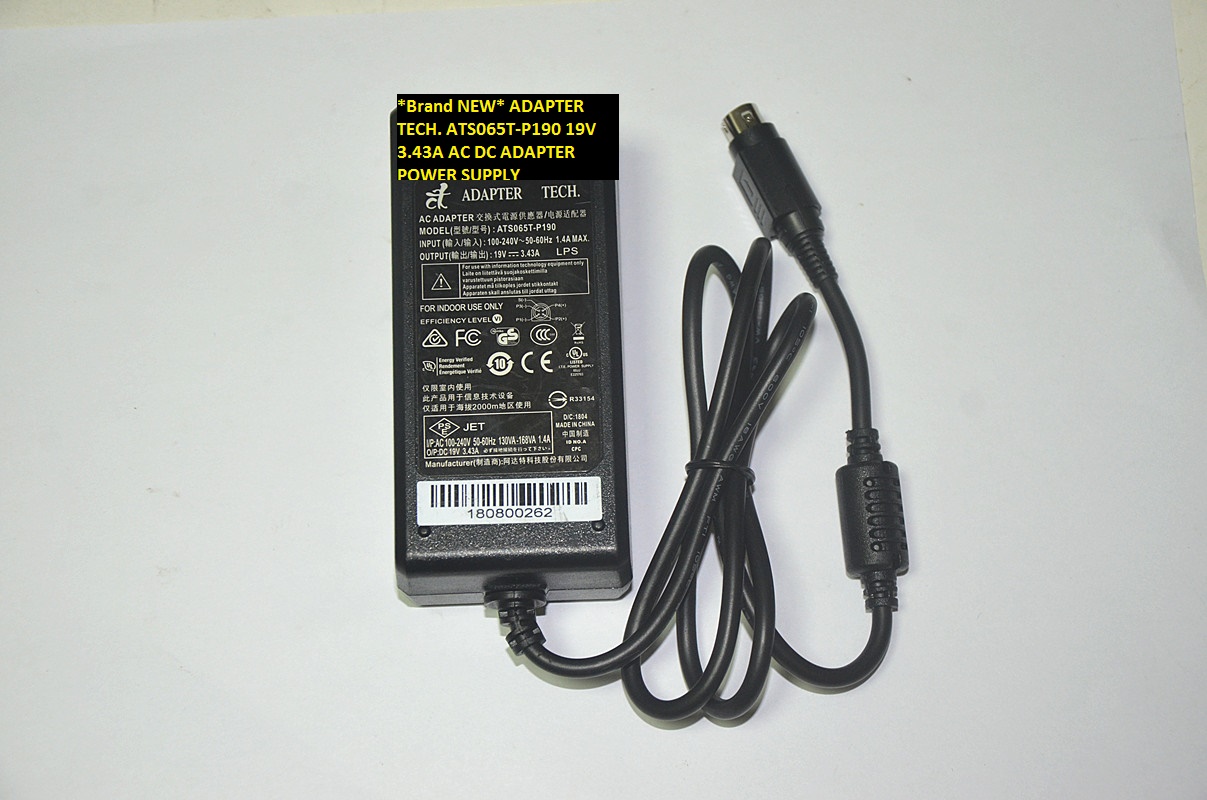 *Brand NEW* ADAPTER TECH. 19V 3.43A AC DC ADAPTER ATS065T-P190 POWER SUPPLY