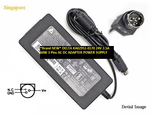 *Brand NEW* 60W 24V 2.5A DELTA KA02951-0170 3 Pins AC DC ADAPTER POWER SUPPLY