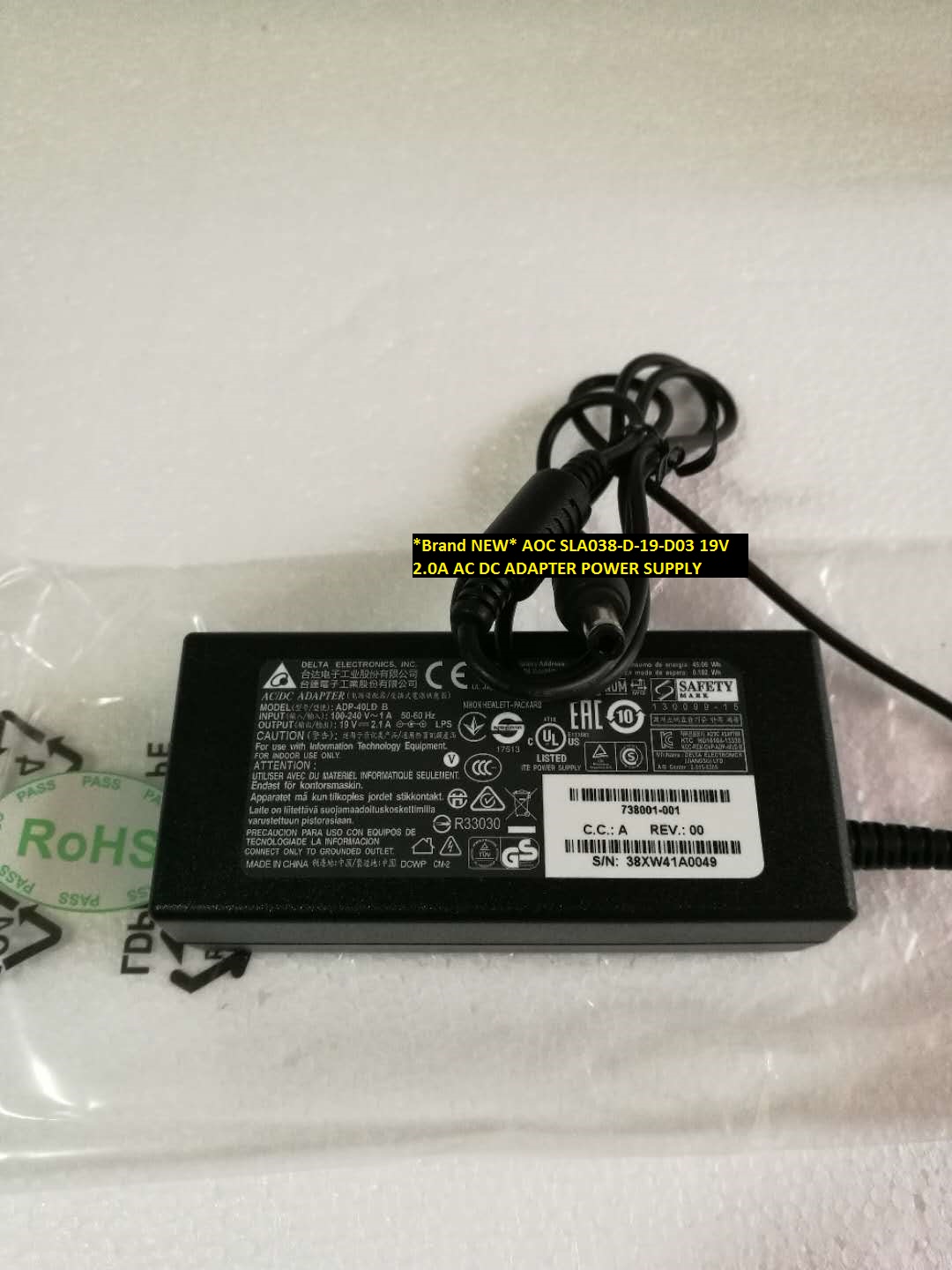 *Brand NEW*AOC SLA038-D-19-D03 19V 2.0A 270LM00046 AC DC ADAPTER POWER SUPPLY