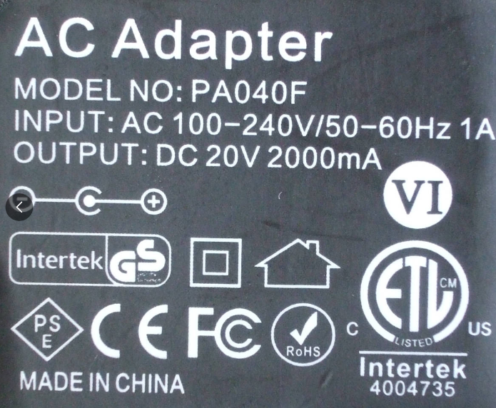 *Brand NEW* PA040F Intertek 20V 20.0V 2A 2000mA AC Adapter Power Supply