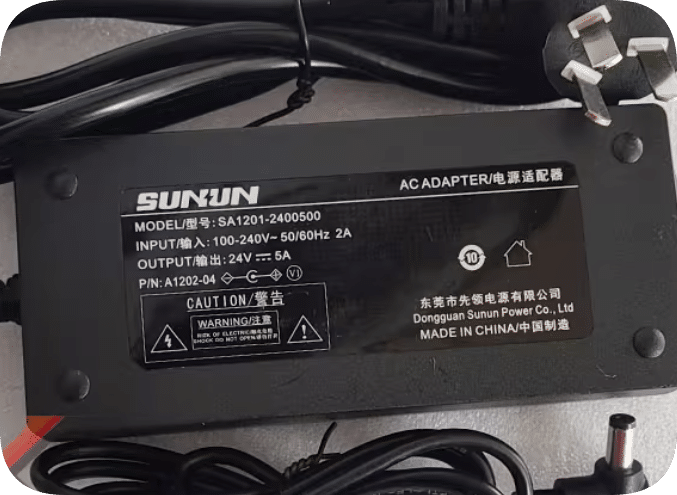 *Brand NEW*SUNUN offers a 24V 5A power adapter SA1201-2400500 a charging cable with a large connector and a 12